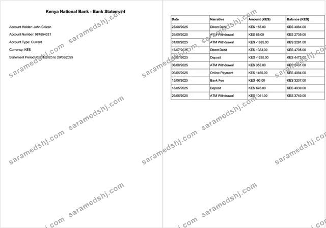 Kenya National Bank bank statement Word and PDF template, 2 pages